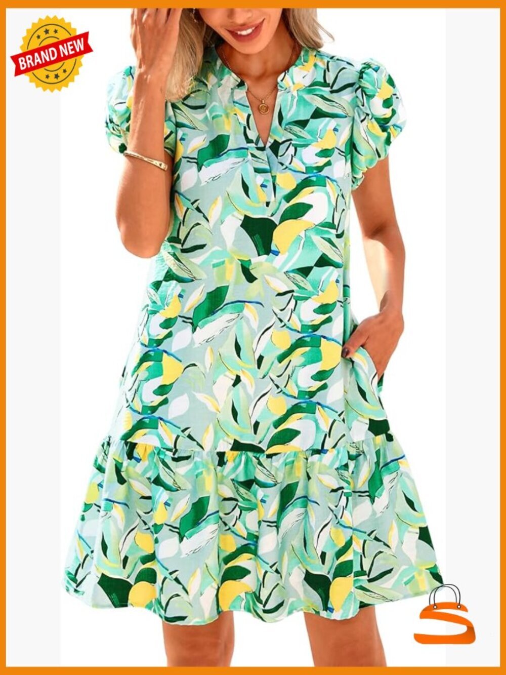 Womens Summer Dresses Puffy Sleeve V Neck Loose Floral Print A Line Boho Mini
